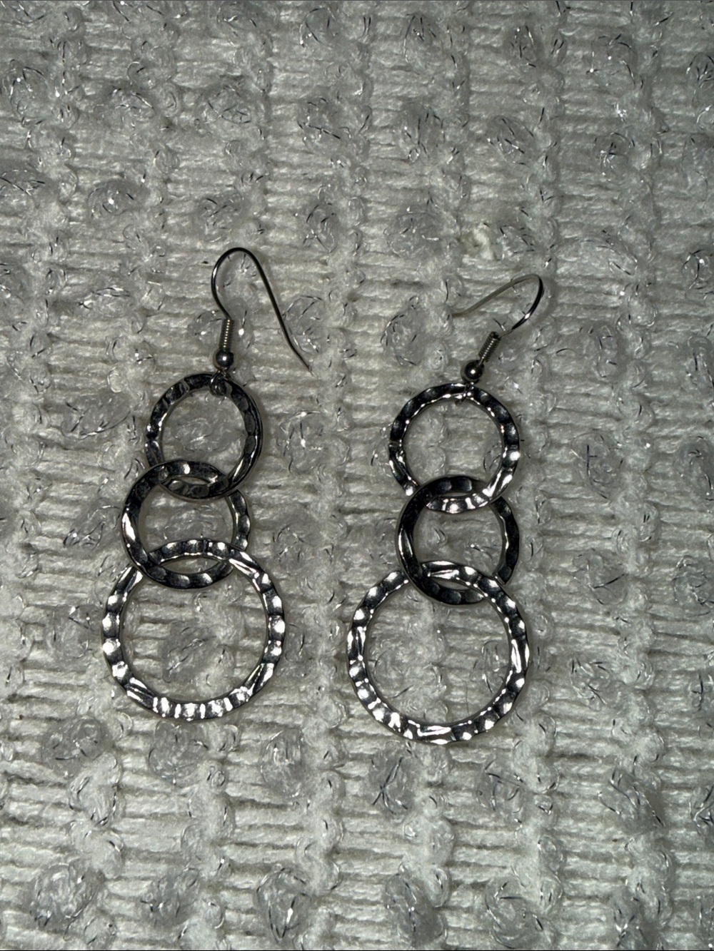 Hammered Triple Hoop Drop Earrings - Silver